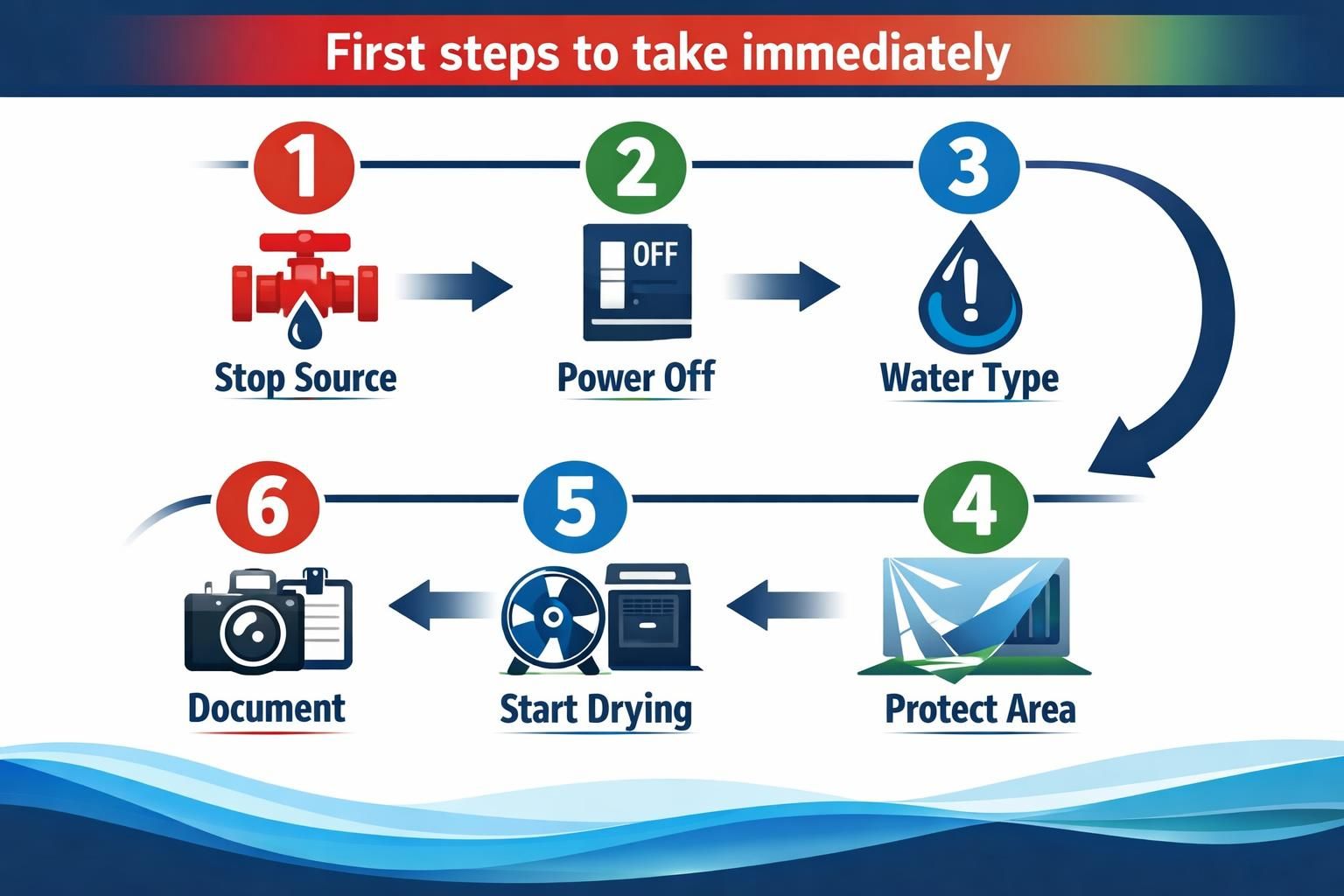 Infographic showing six steps for water damage response