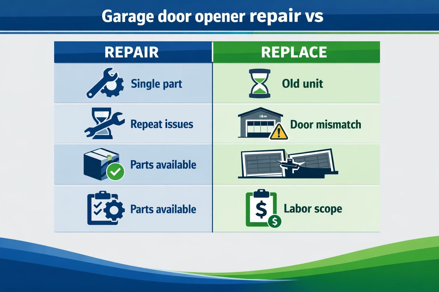 Garage door opener repair versus replace infographic with icons