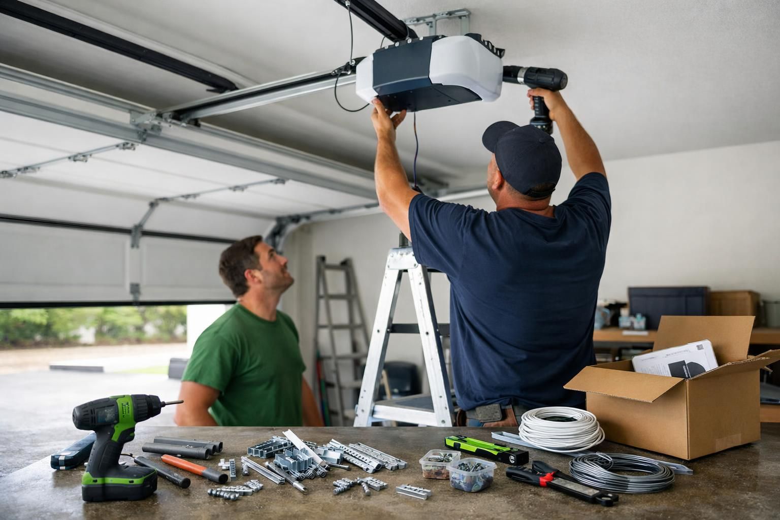 Man on ladder installs garage door opener with drill