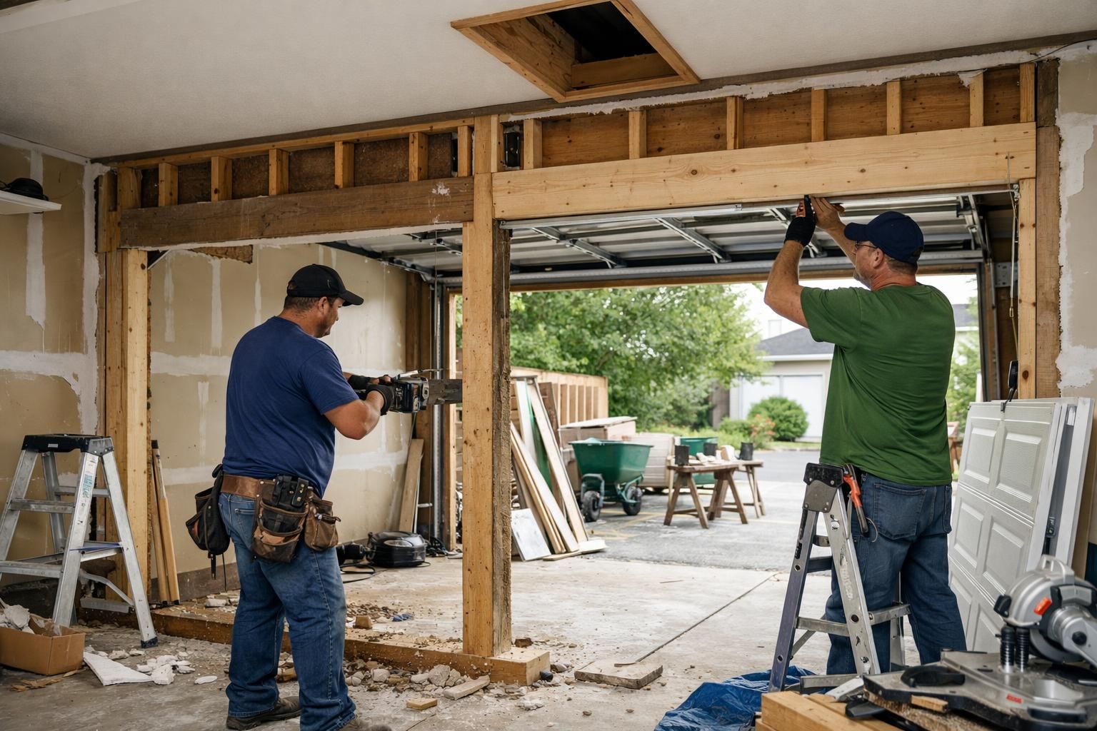 Two workers renovating garage doorway with exposed wooden framing
