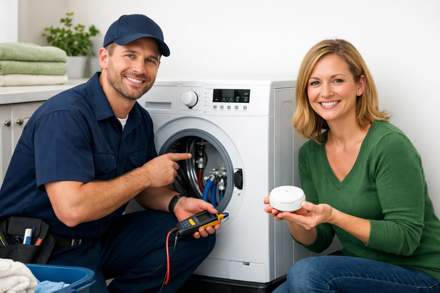 Repair technician checking washing machine while woman holds sensor
