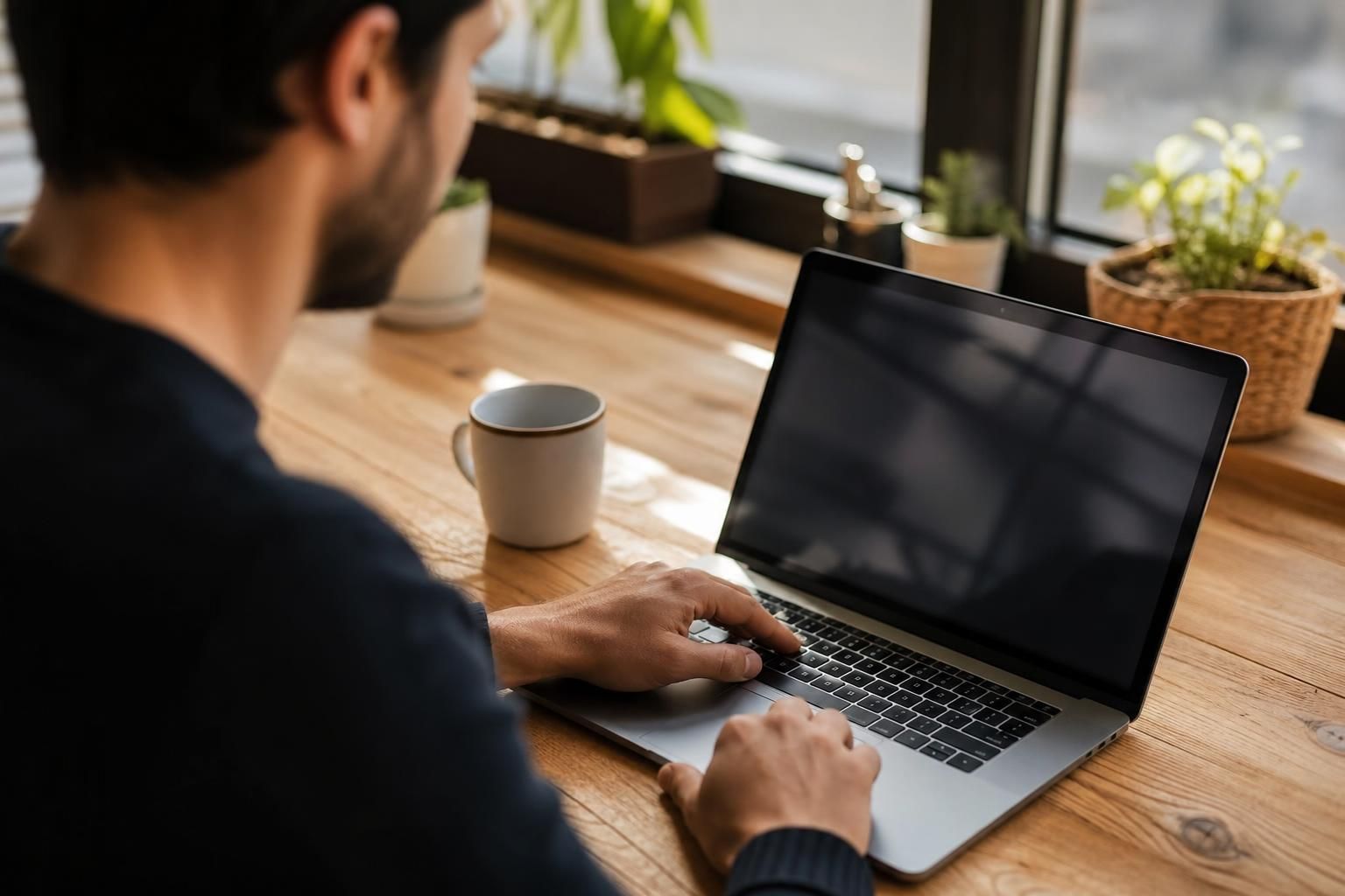 Muškarac kuca na laptopu pored šolje i saksija