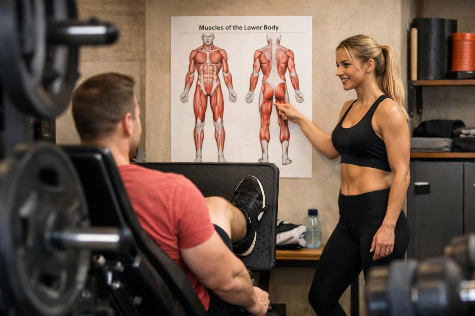 Female trainer points to muscle chart beside leg press