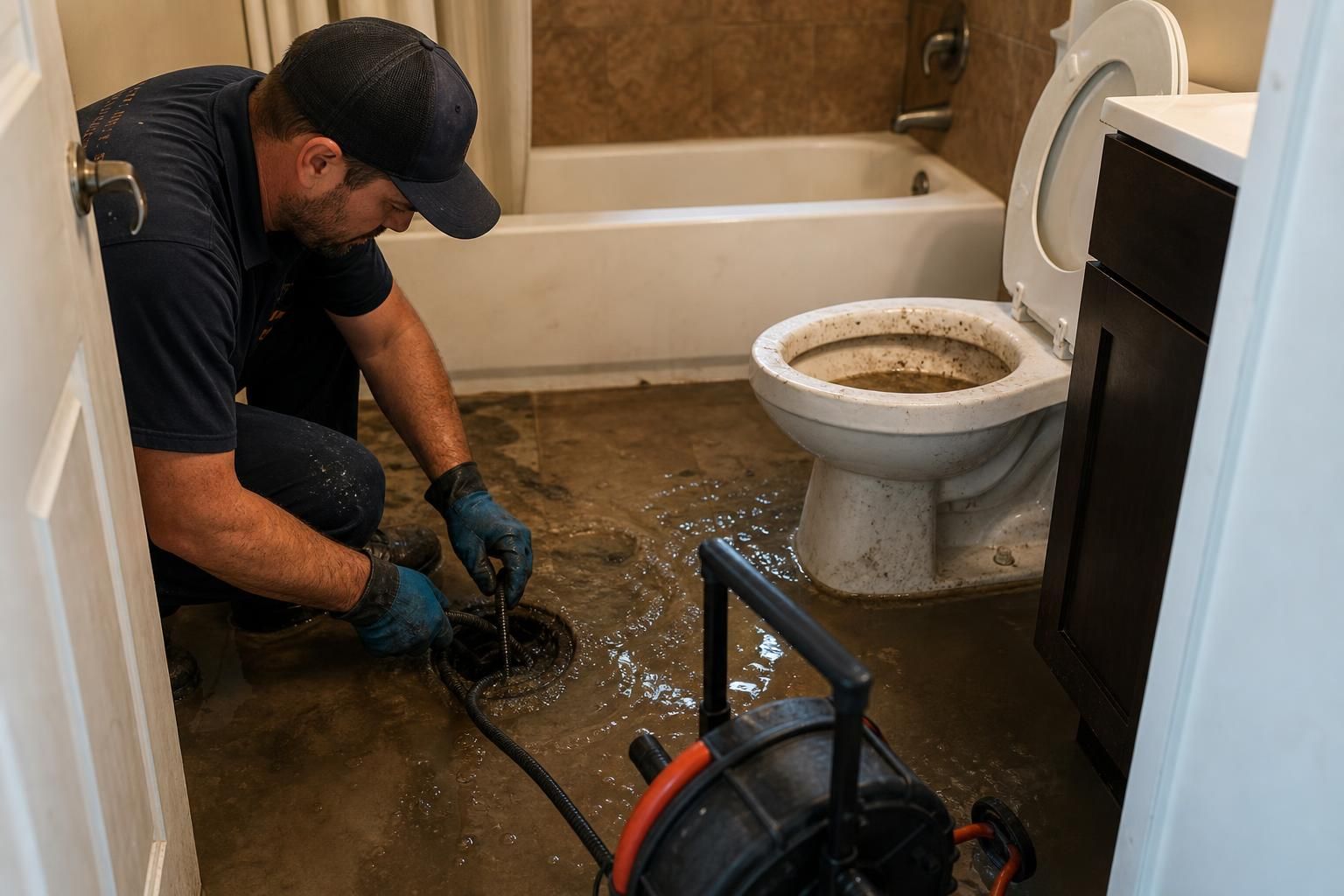 Plumber unclogs a flooded bathroom floor drain beside toilet
