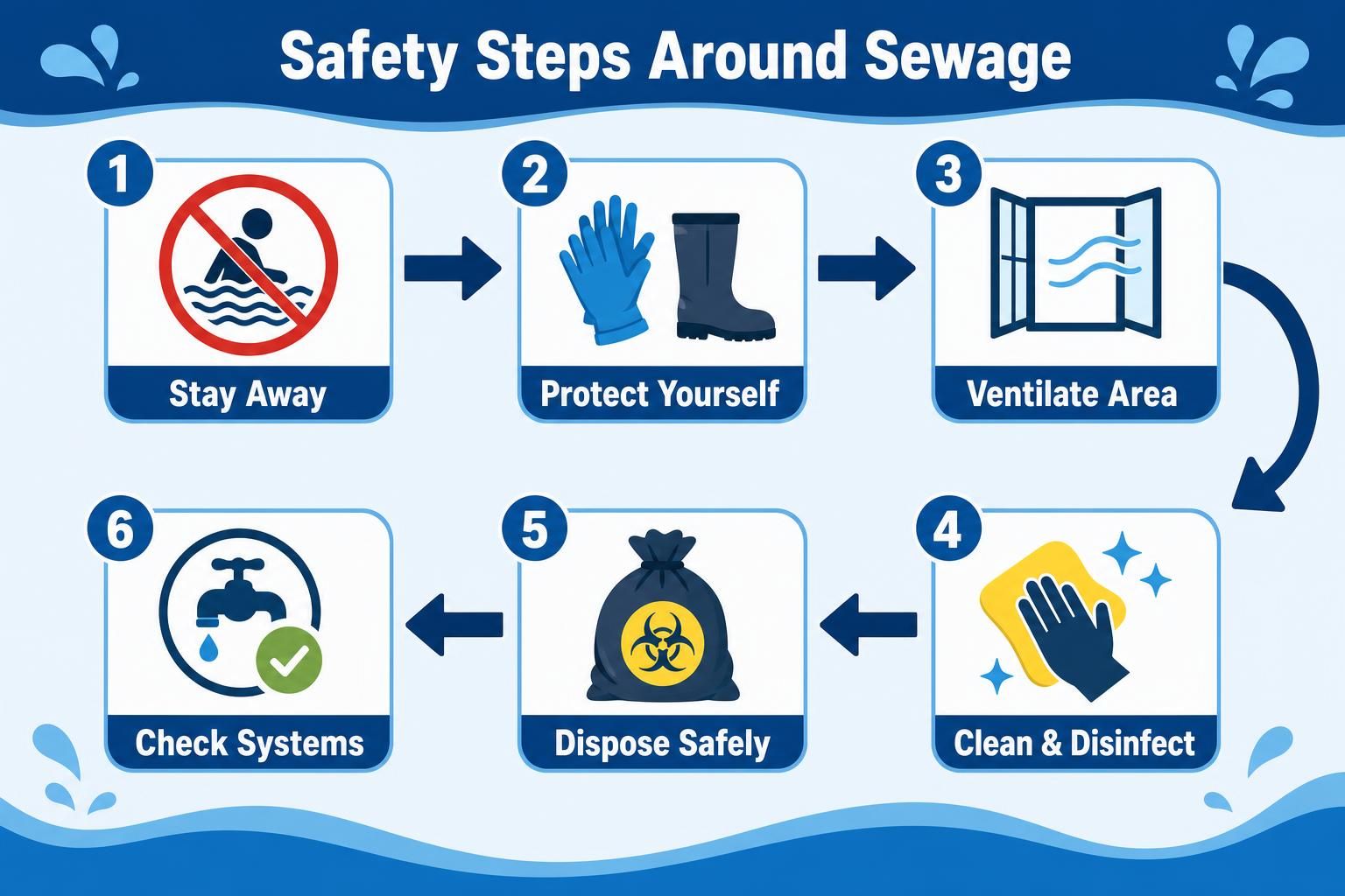 Sewage safety infographic with gloves, boots, disinfecting, and disposal steps