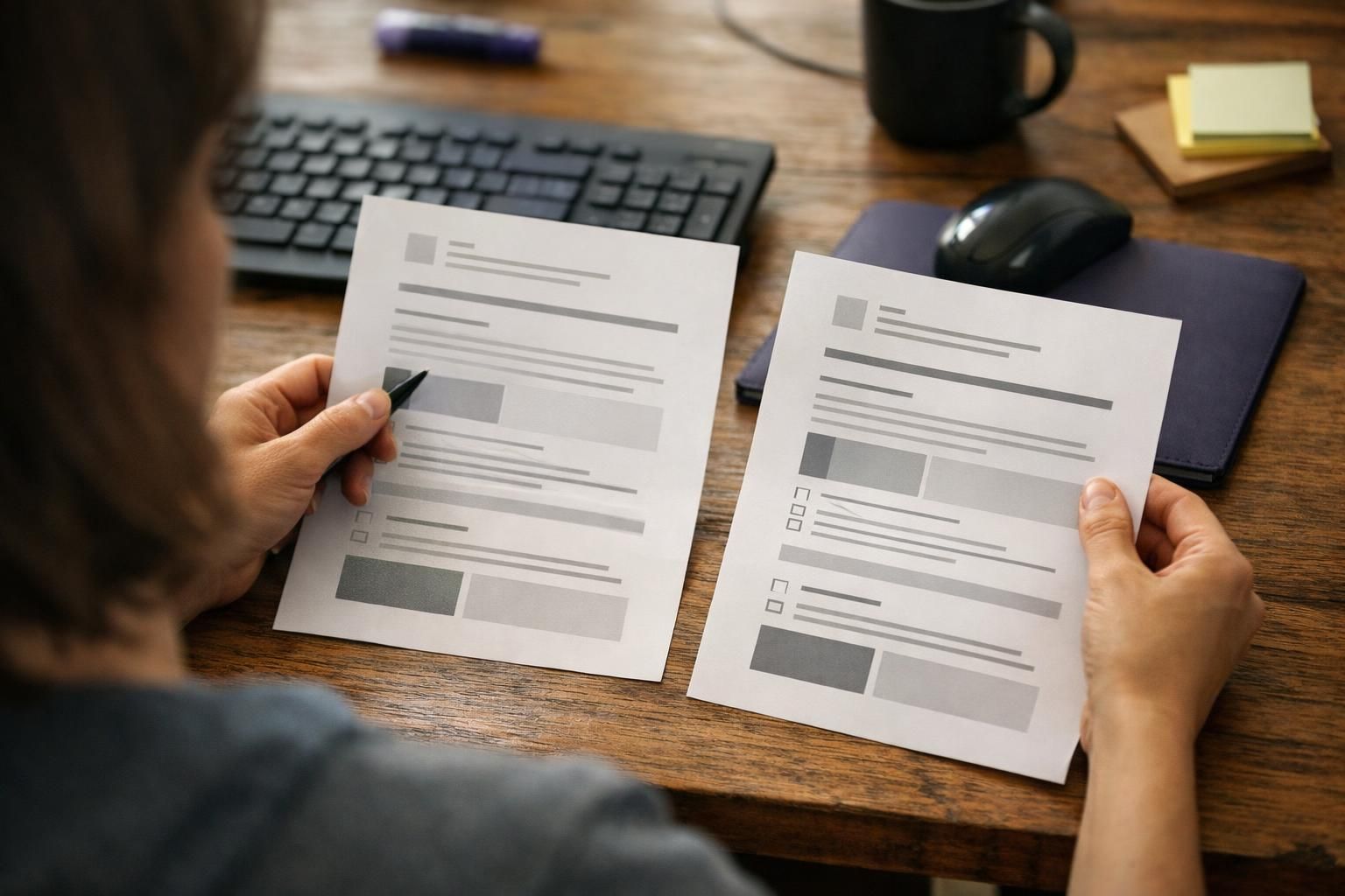 Hands comparing two printed documents on wooden desk