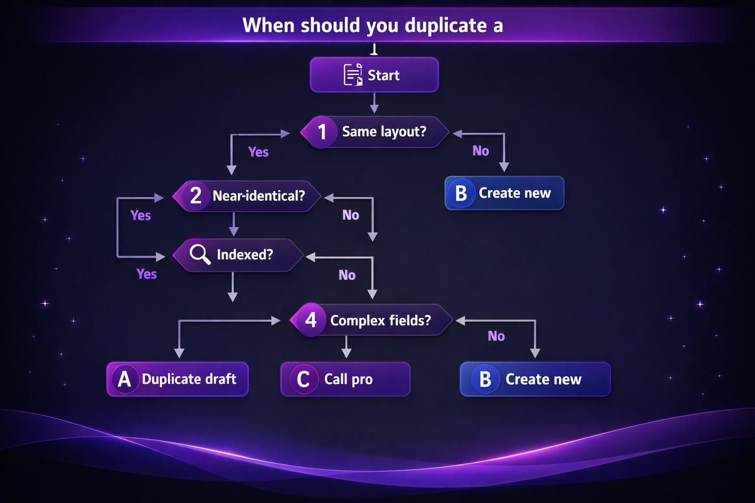 Purple flowchart showing when to duplicate a draft