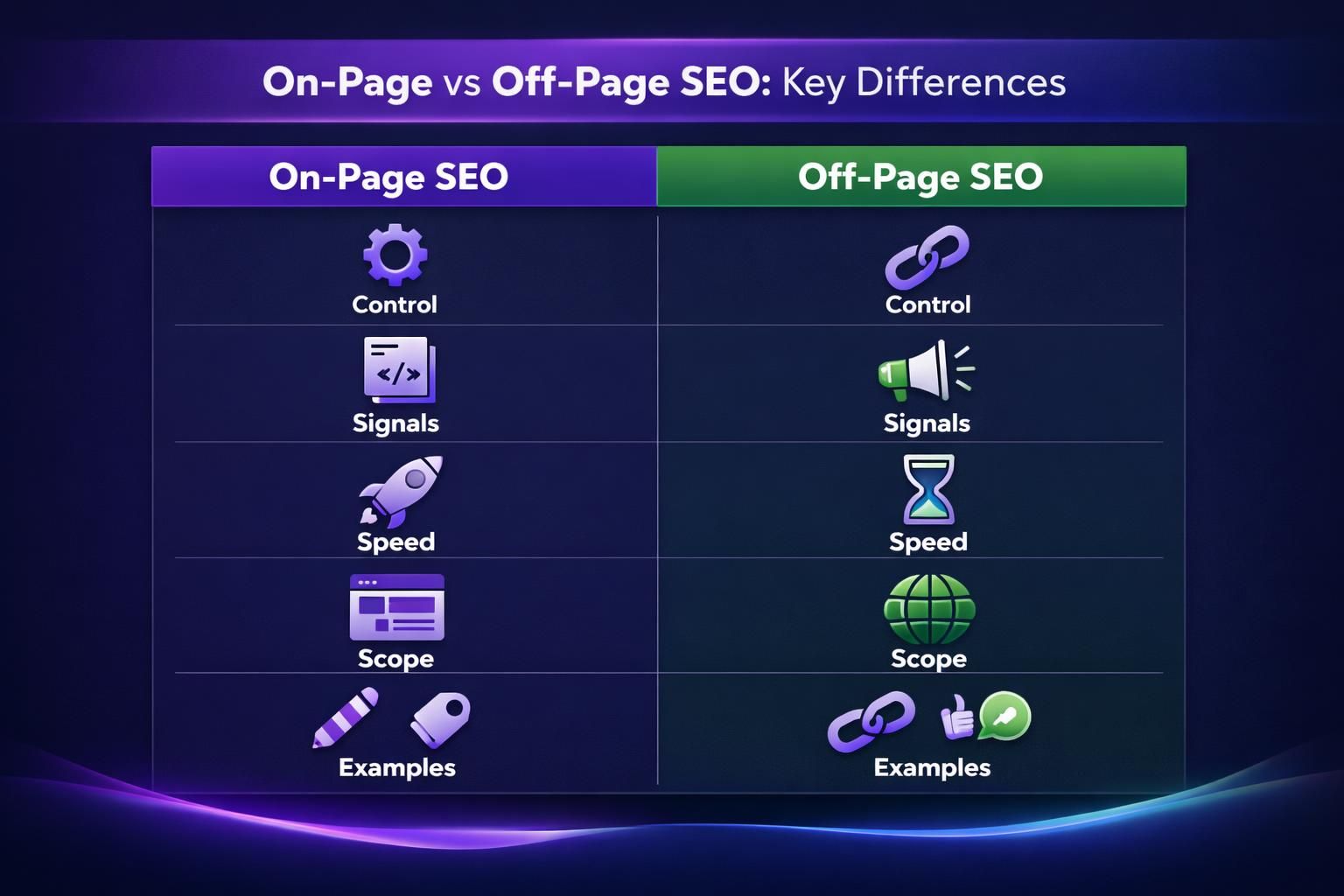 On-page vs off-page SEO comparison chart with icons