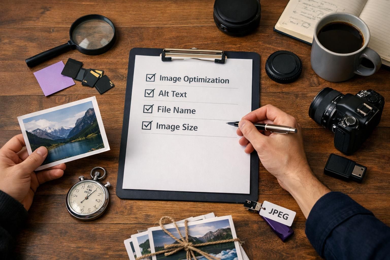 Hands reviewing image optimization checklist on clipboard table