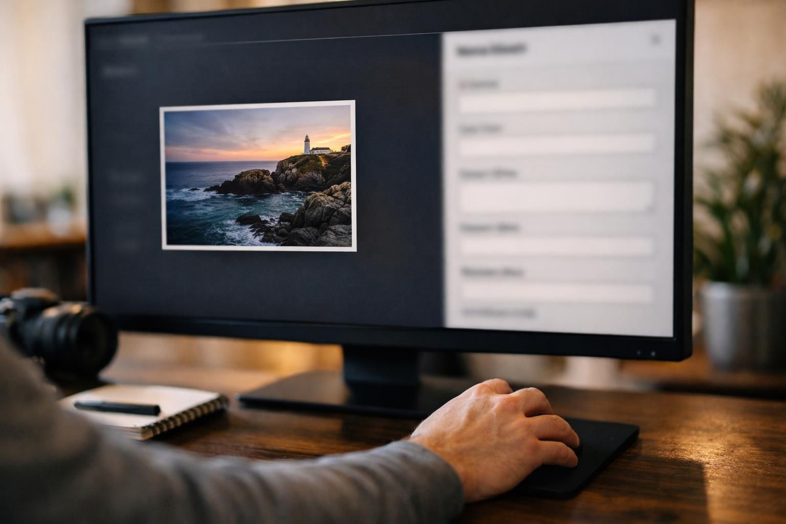Hand using mouse beside monitor showing lighthouse photo