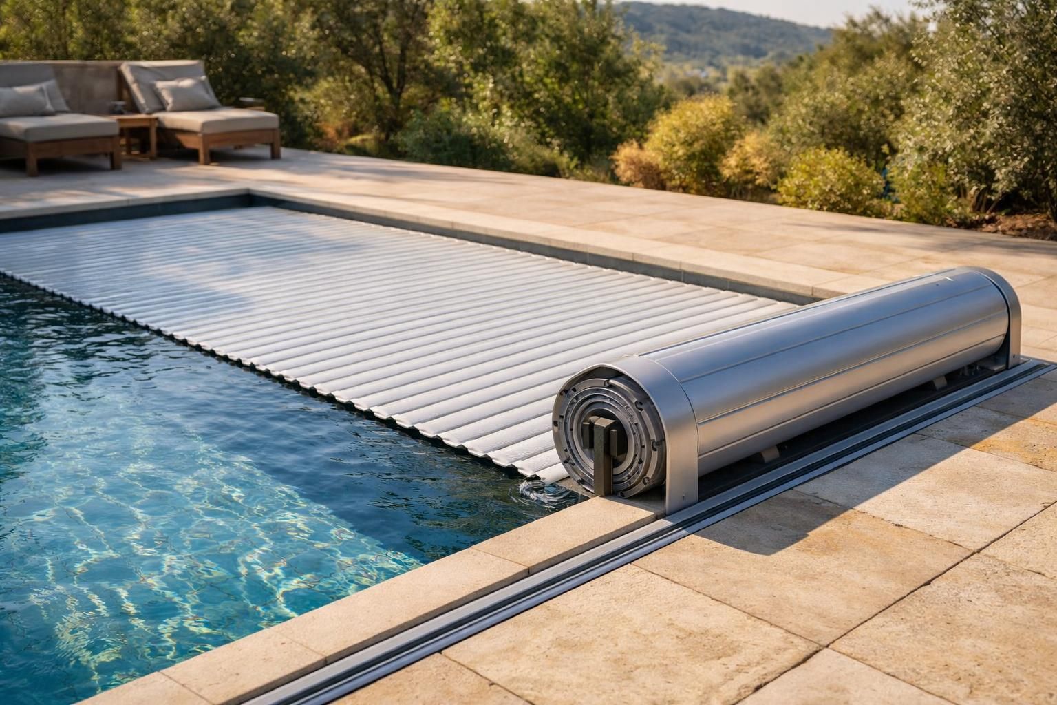 Automatic pool cover partially rolled out over blue water