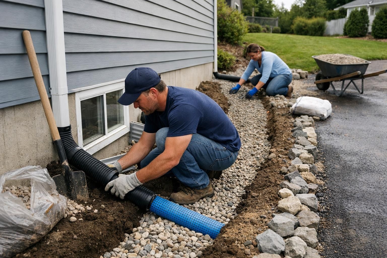 Man installs black drainage pipe beside house foundation