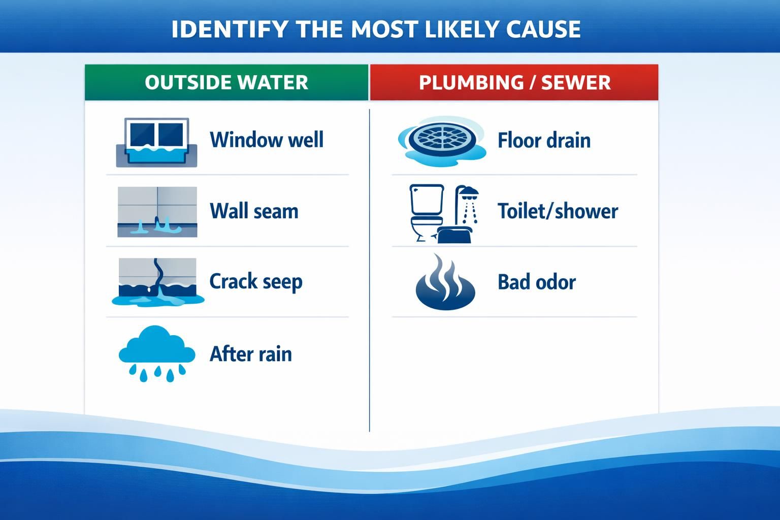 Infographic comparing outside water and plumbing sewer causes