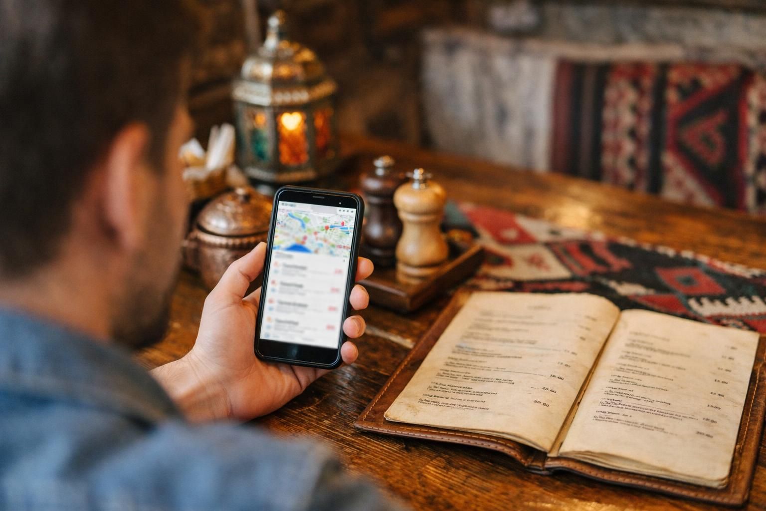 Person holding smartphone map beside open restaurant menu