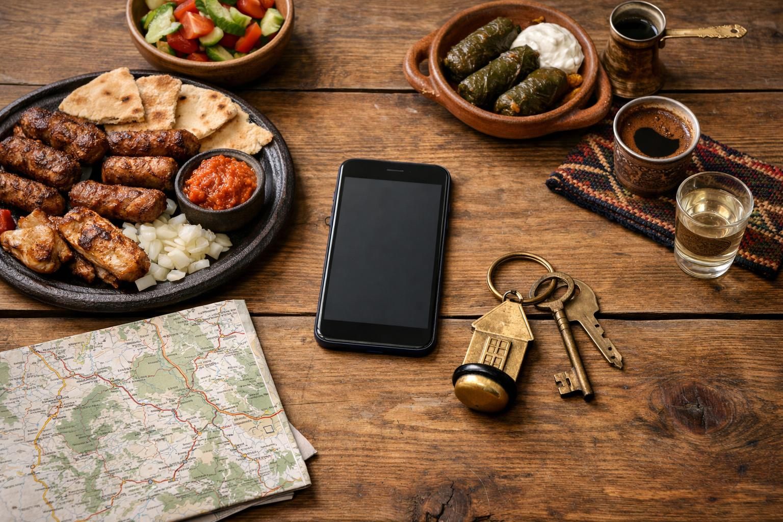 Smartphone beside grilled meat platter, keys, map, coffee