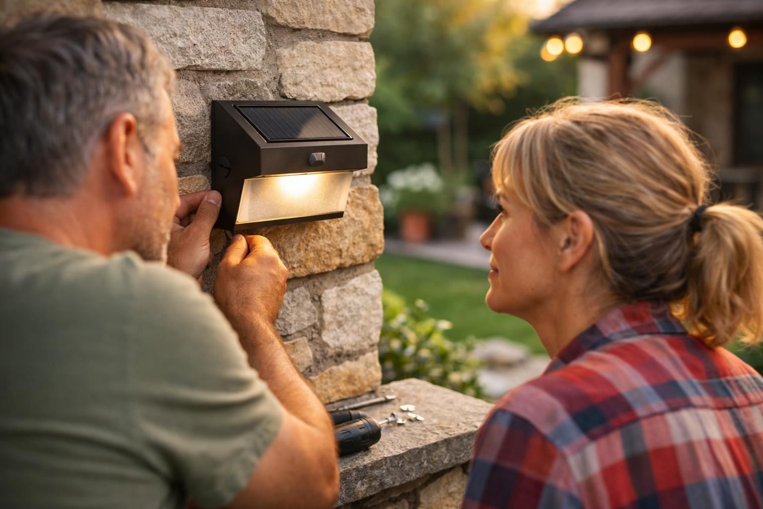 Man installs solar wall light on stone pillar