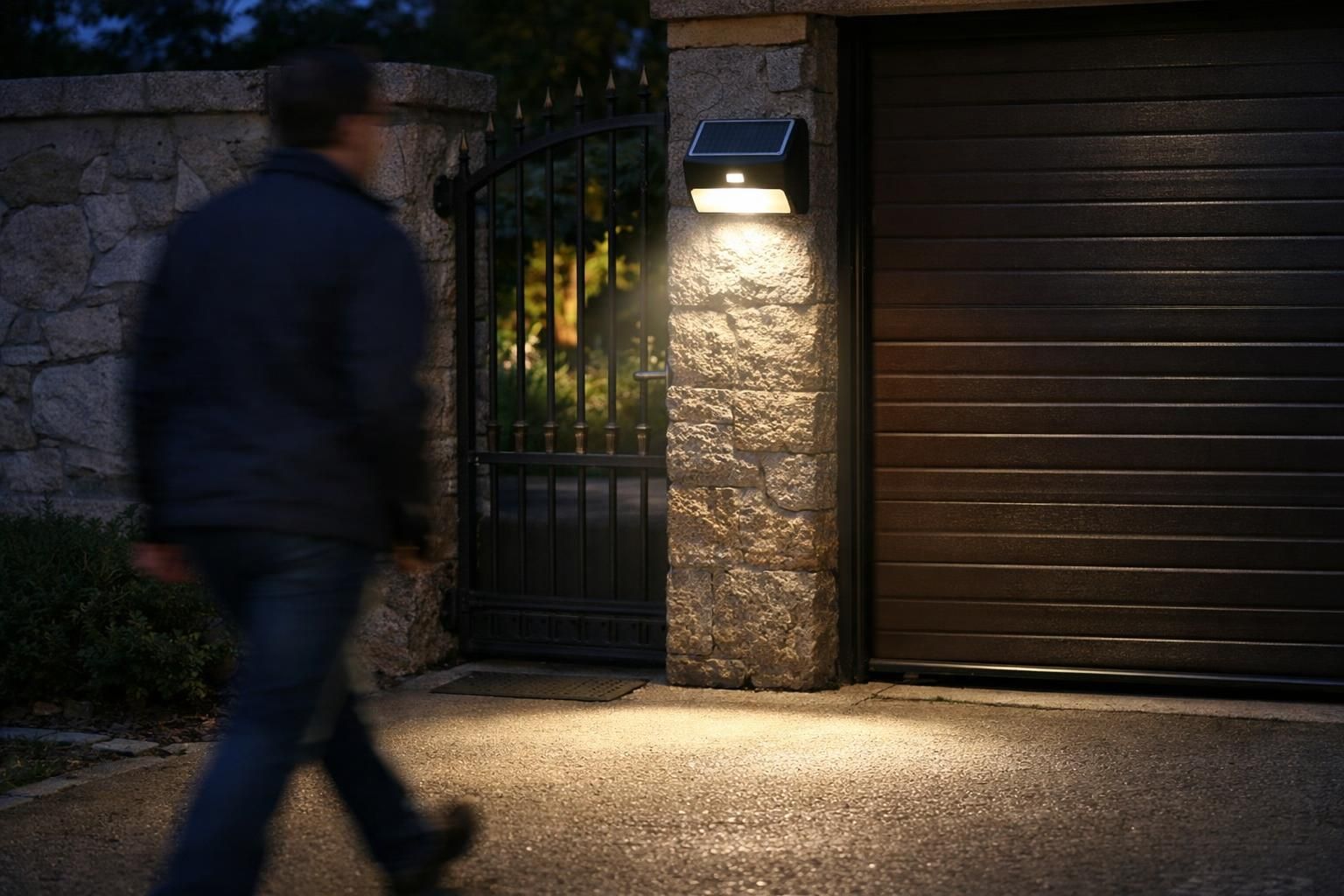 Solar wall light illuminating stone gate and driveway at night