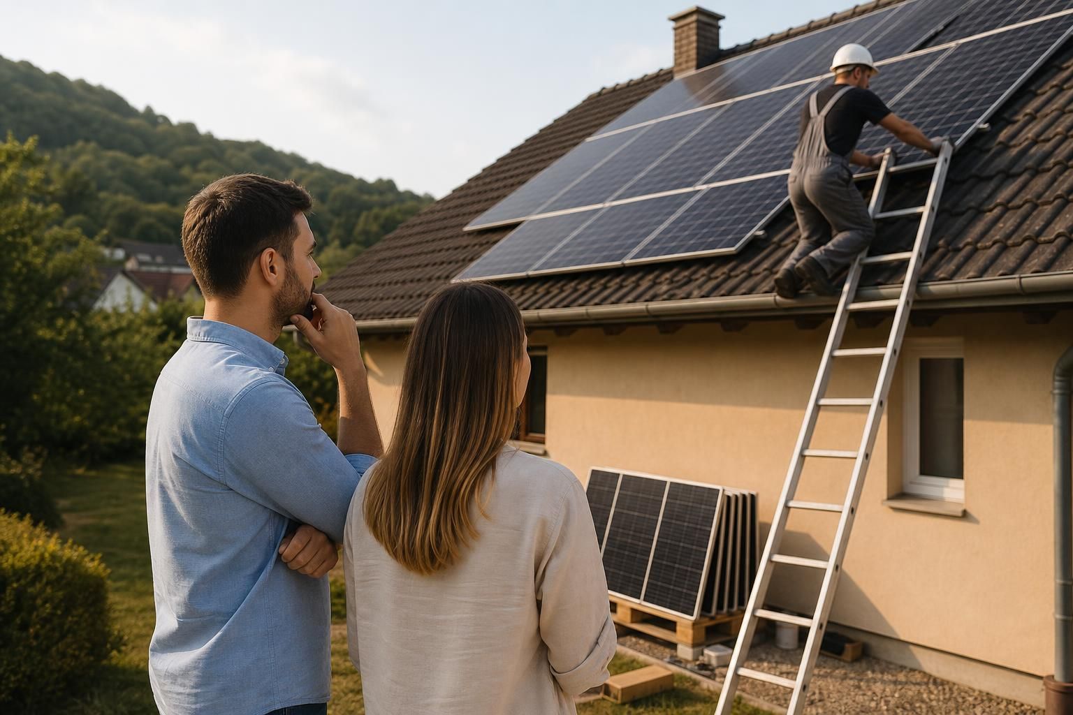 Radnik postavlja solarne panele na krov, par posmatra