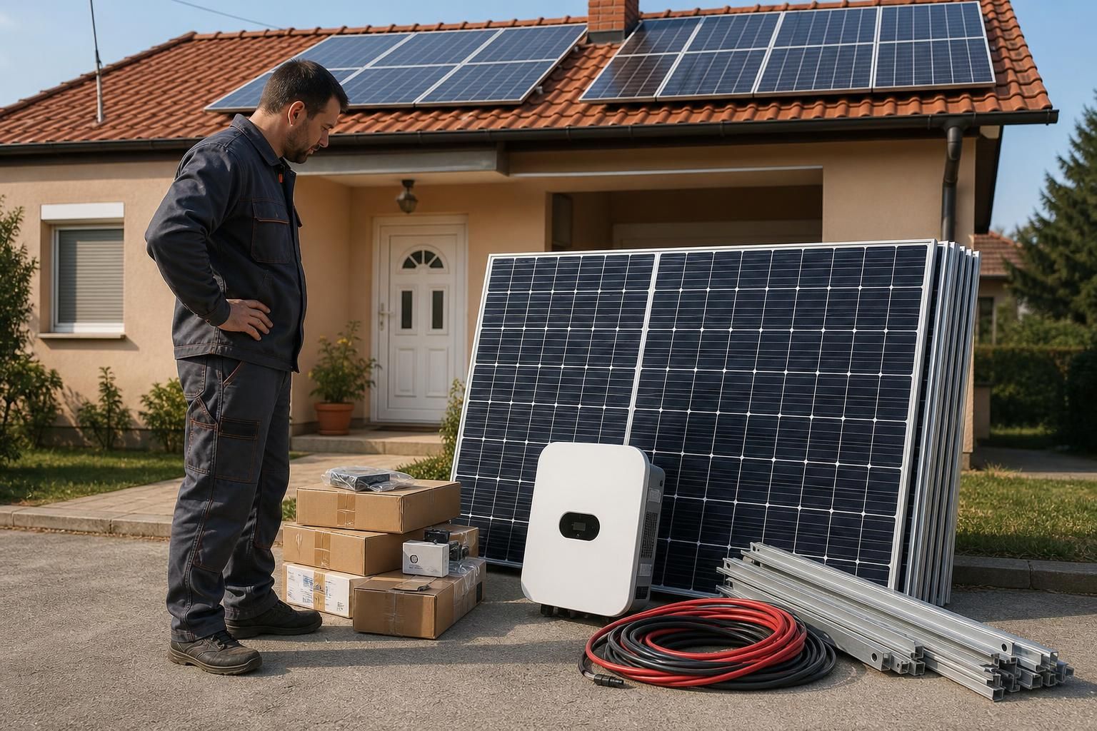 Majstor pregleda solarne panele, inverter i kablove ispred kuće