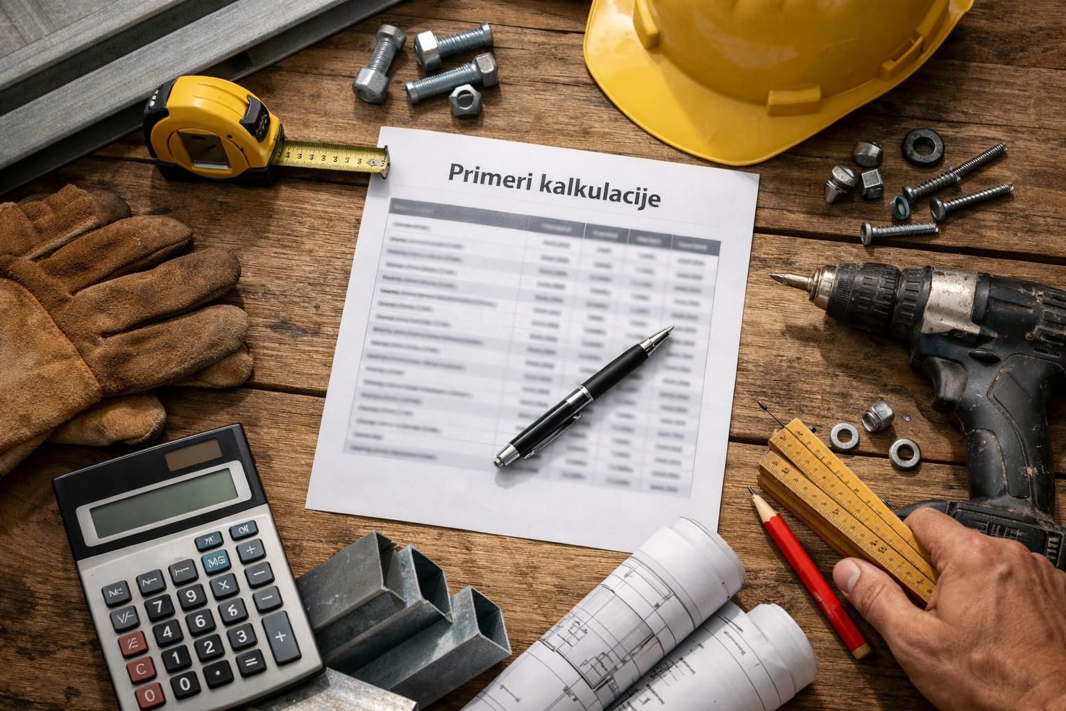 Construction tools and cost estimate sheet on wooden table