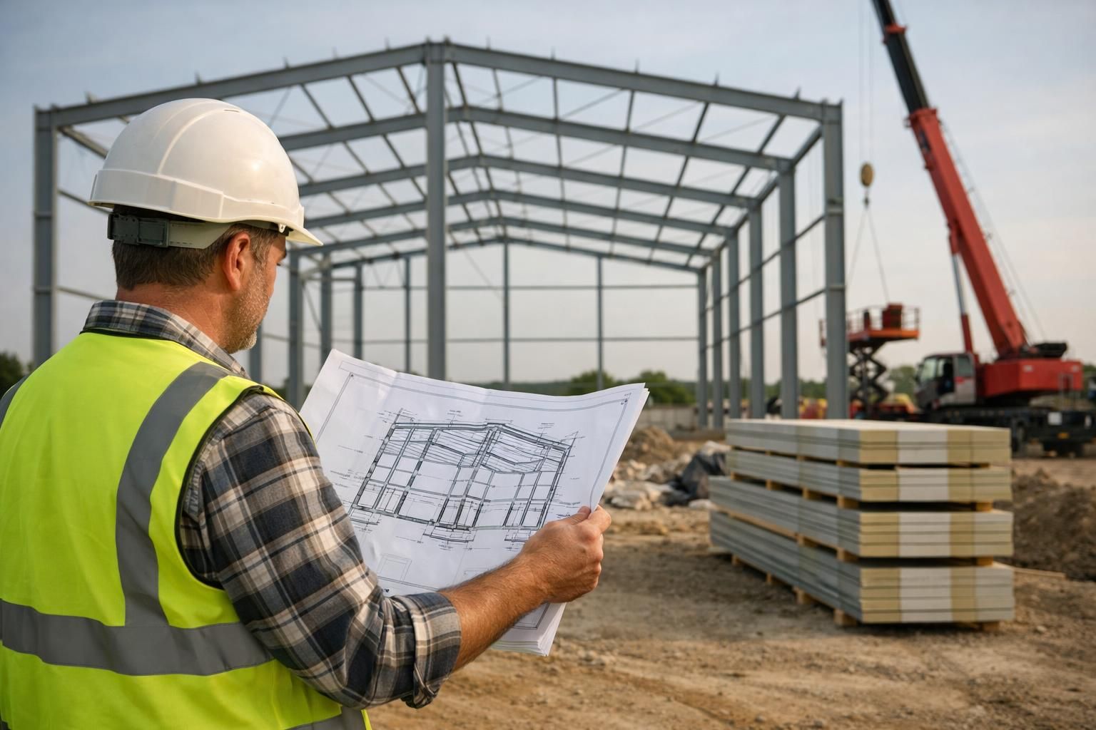 Construction worker in hard hat reviews blueprints by steel frame