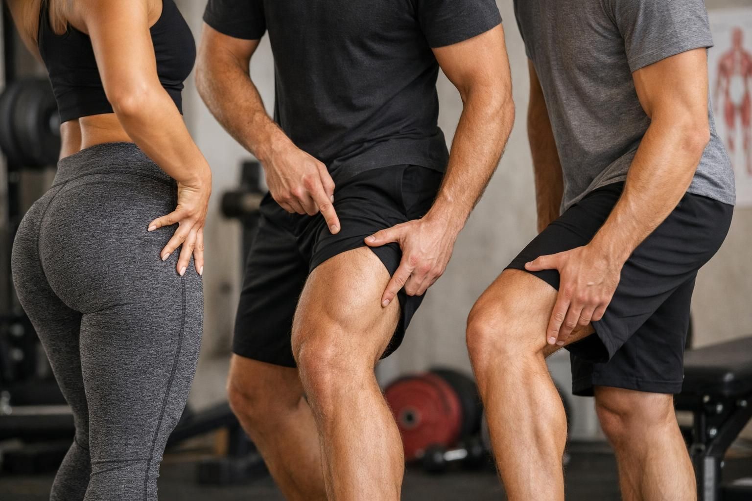 Gym trainers pointing at thigh and glute muscles