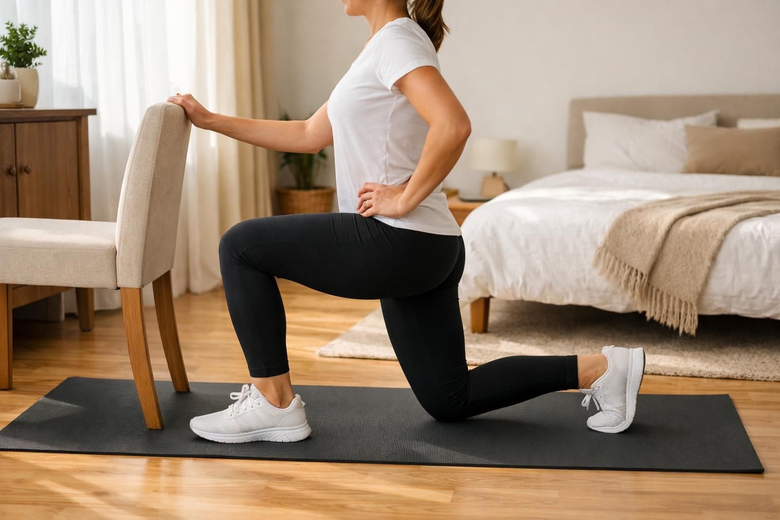Woman lunging on yoga mat, holding chair for balance