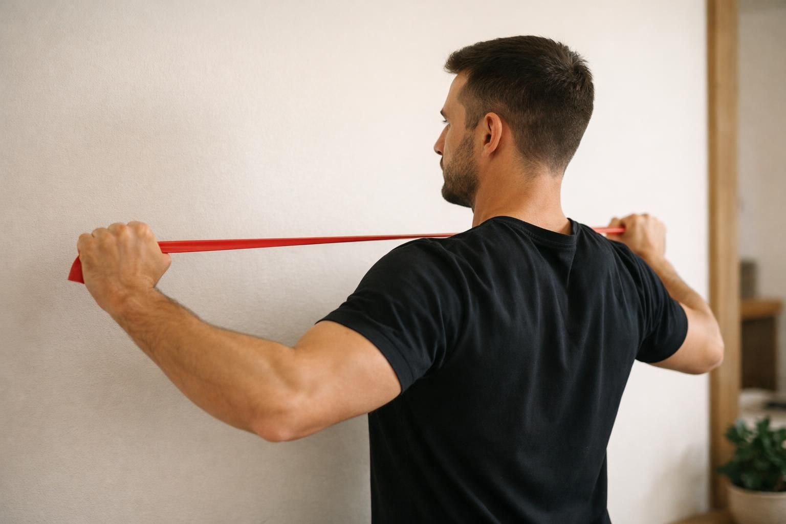 Man stretching shoulders with red resistance band indoors
