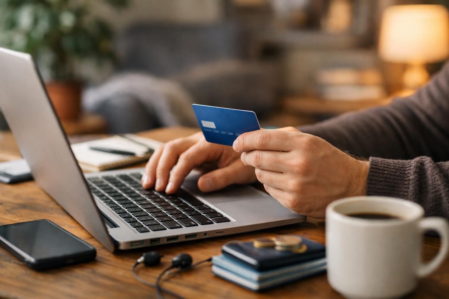 Hands holding blue credit card typing on laptop