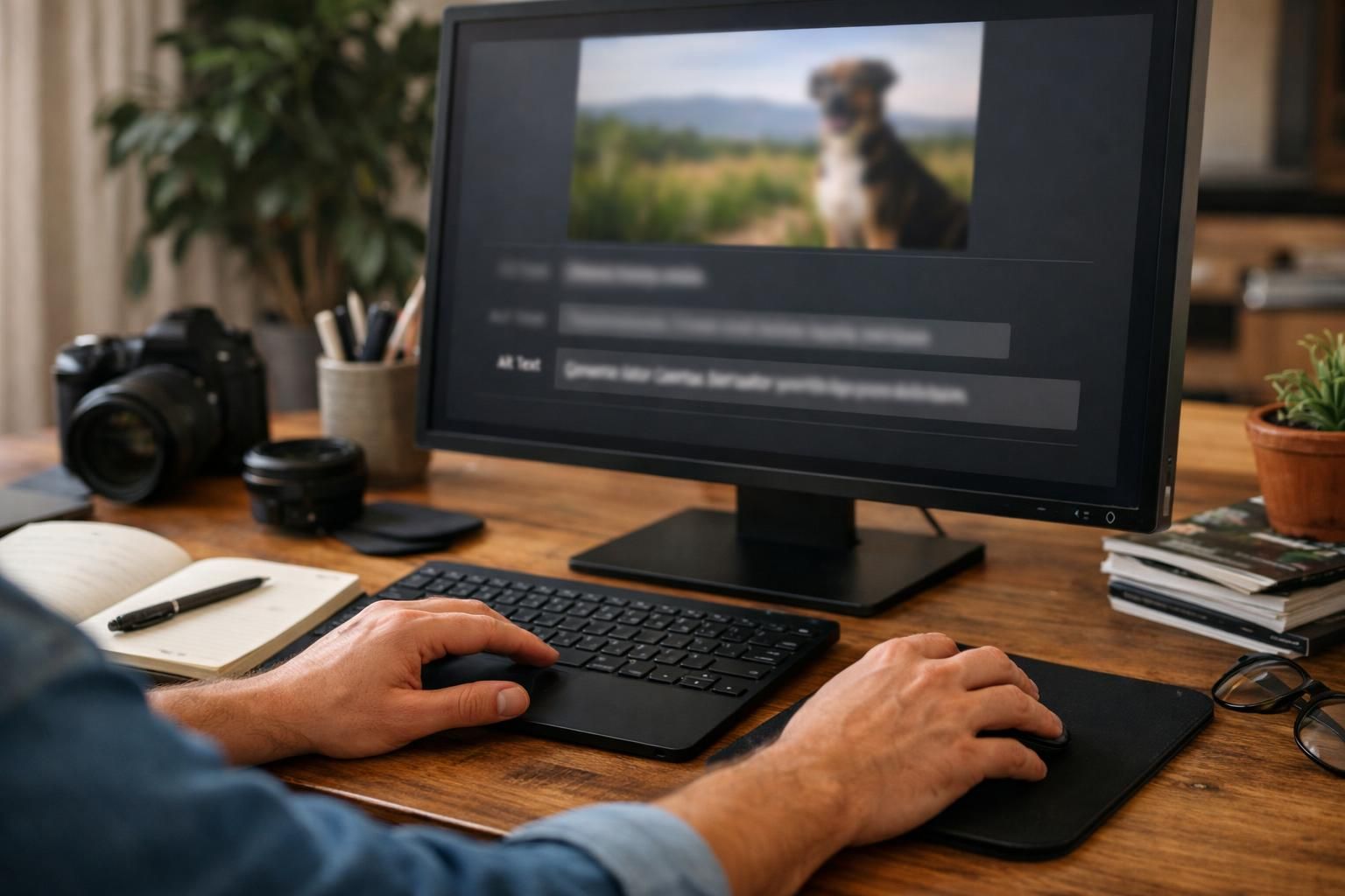 Hands typing at computer editing dog photo on screen