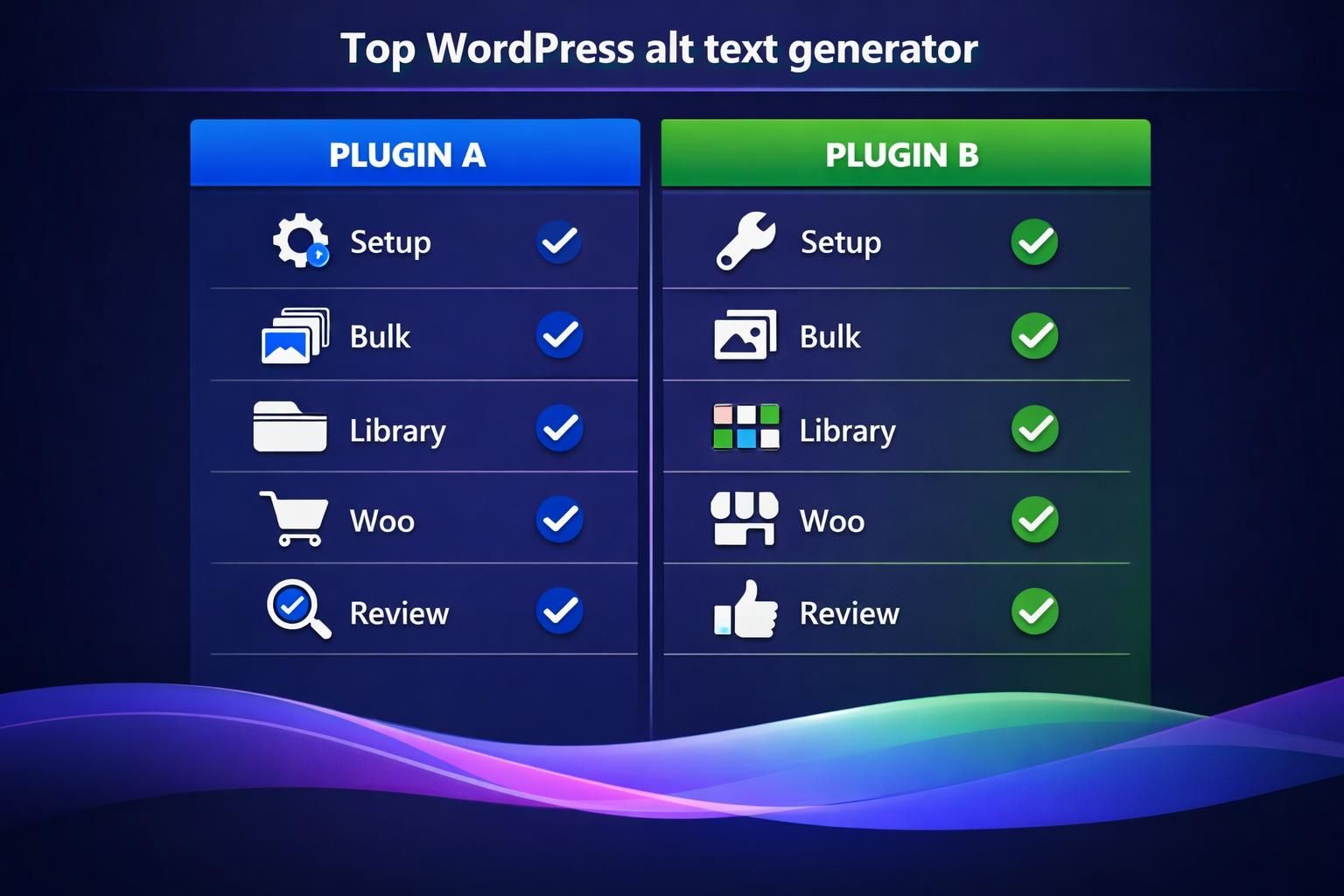 Comparison chart of WordPress alt text plugins A and B
