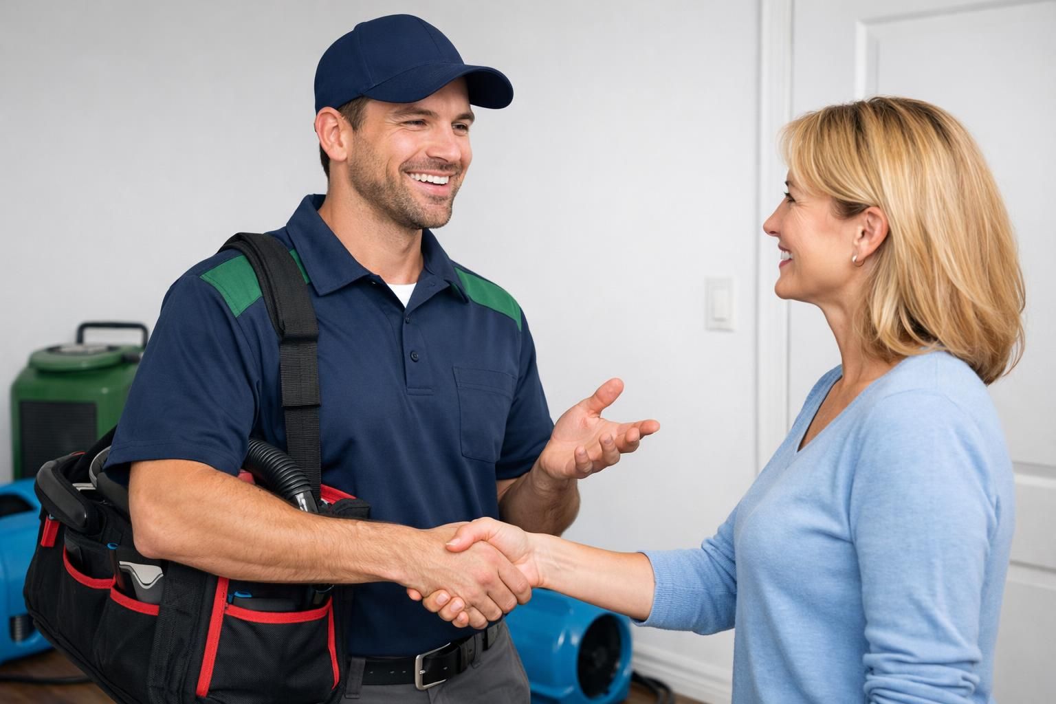 Technician with tool bag shaking hands with homeowner