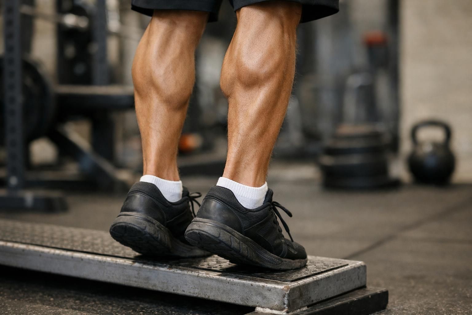 Muscular calves in black shoes doing calf raise