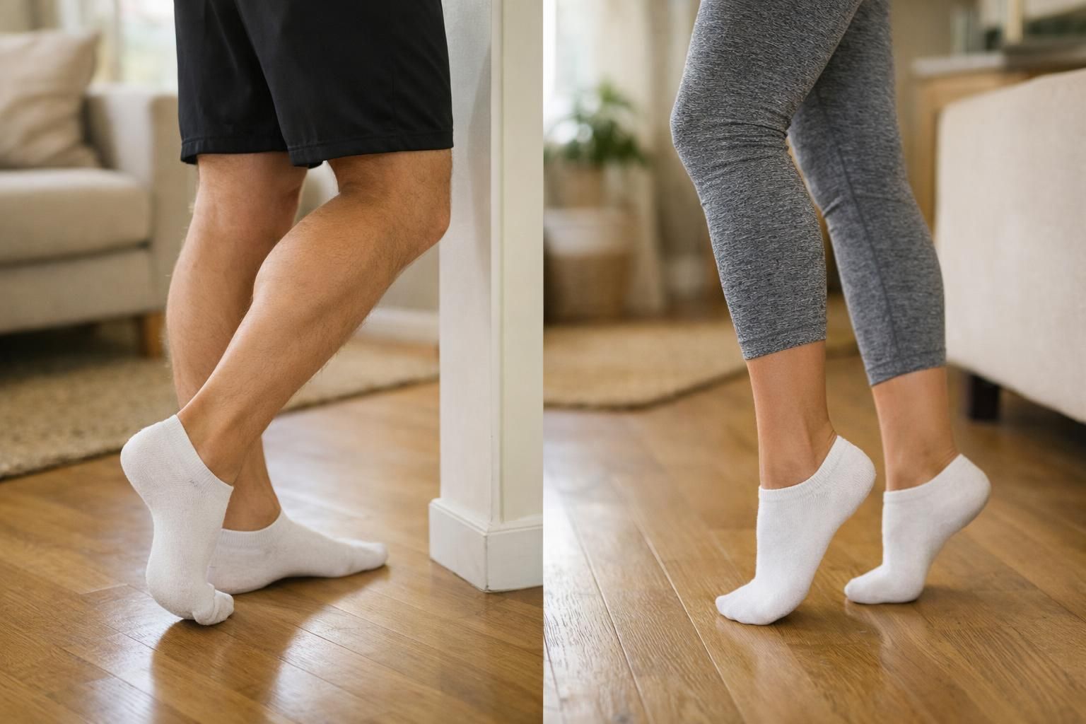Two people in white socks doing calf raises indoors