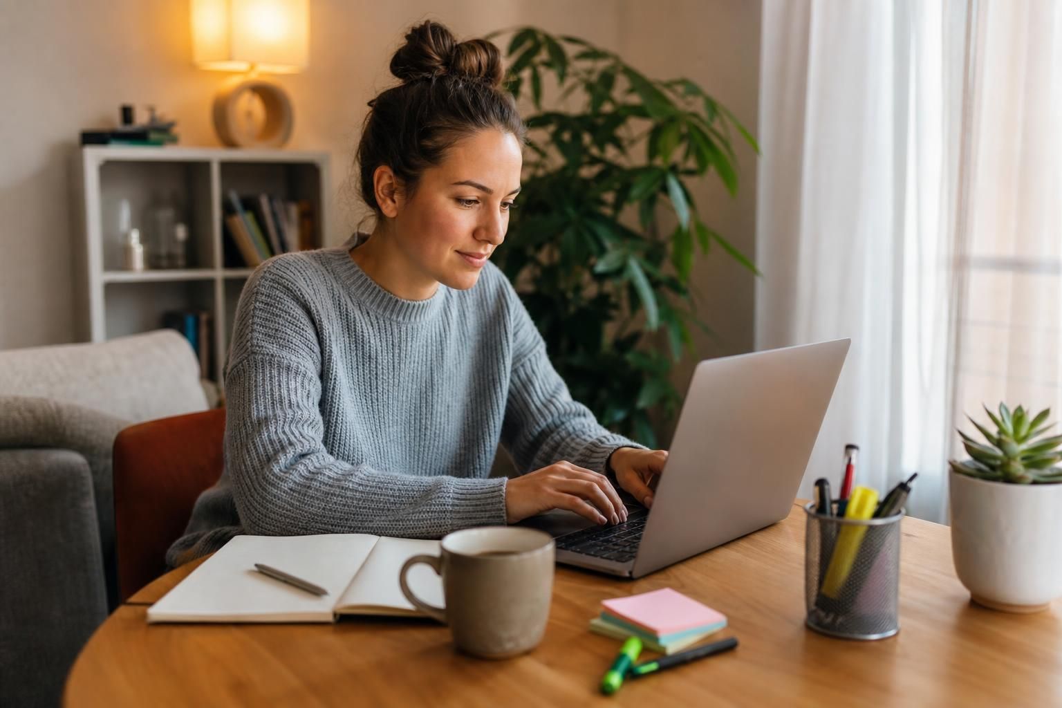 Žena radi na laptopu pored sveske i šolje