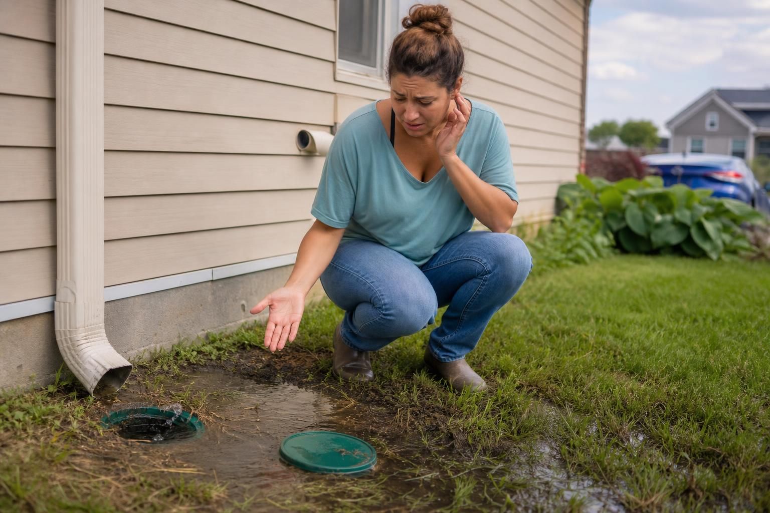 Woman crouches by open cleanout cap and standing yard water