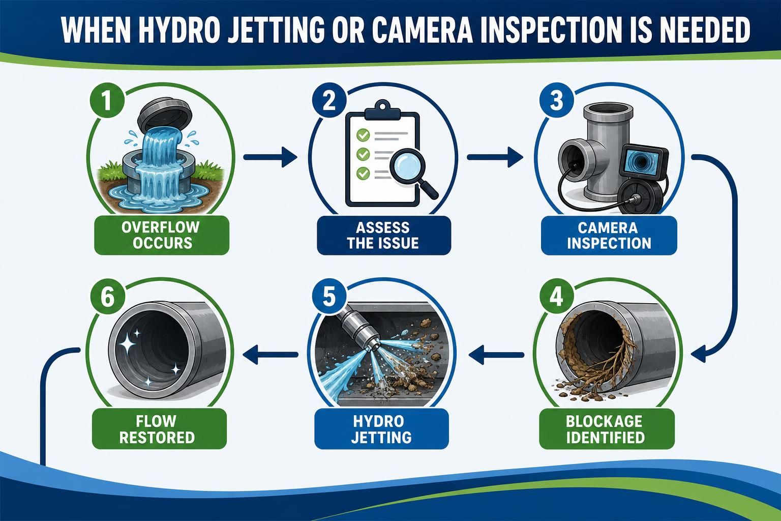 Sewer overflow, camera inspection, blockage, and hydro jetting