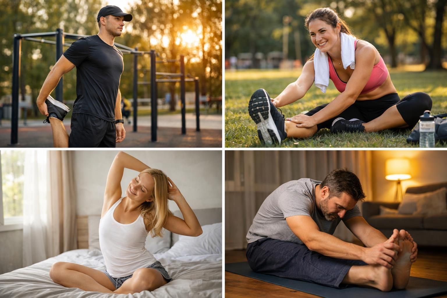 Four people stretching outdoors and indoors in collage