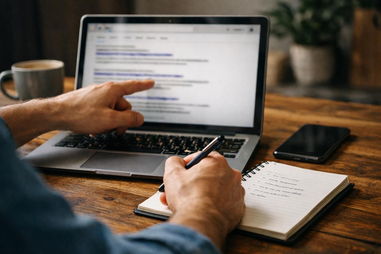 Hand pointing at laptop screen while taking notes