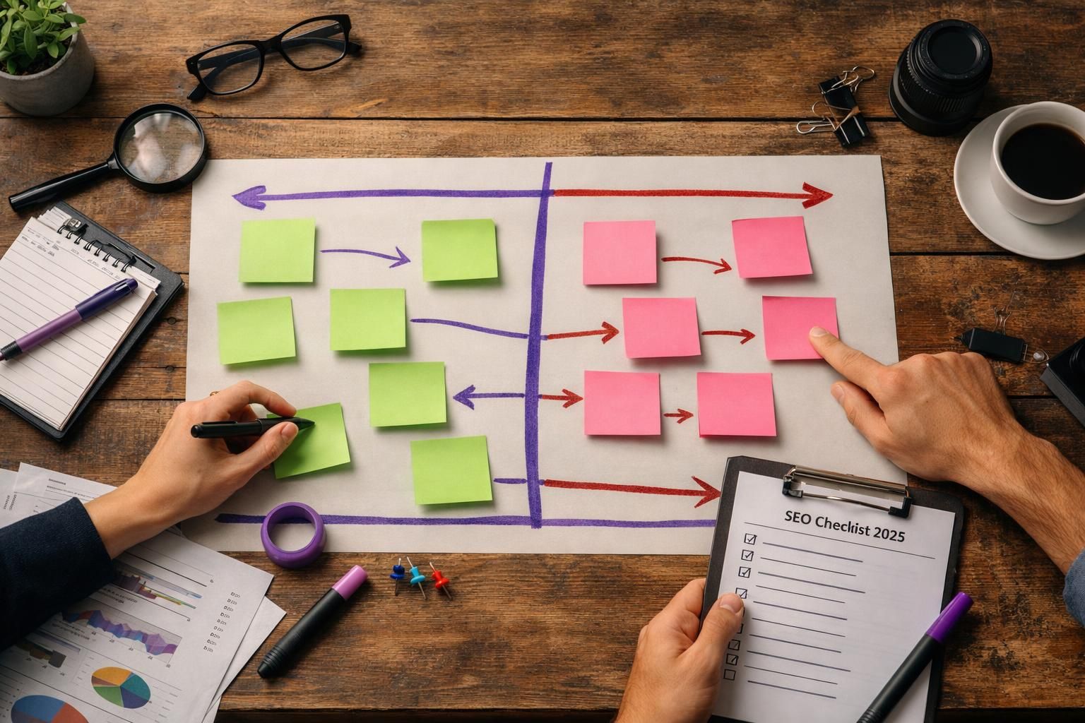 Hands arranging green and pink sticky notes on workflow chart