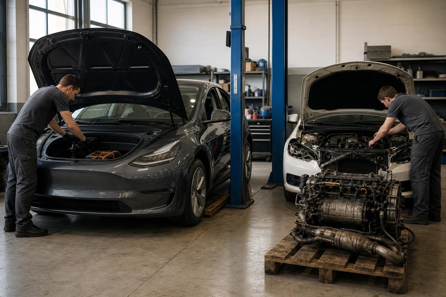 Mehaničar radi na električnom automobilu pored otvorenog haube