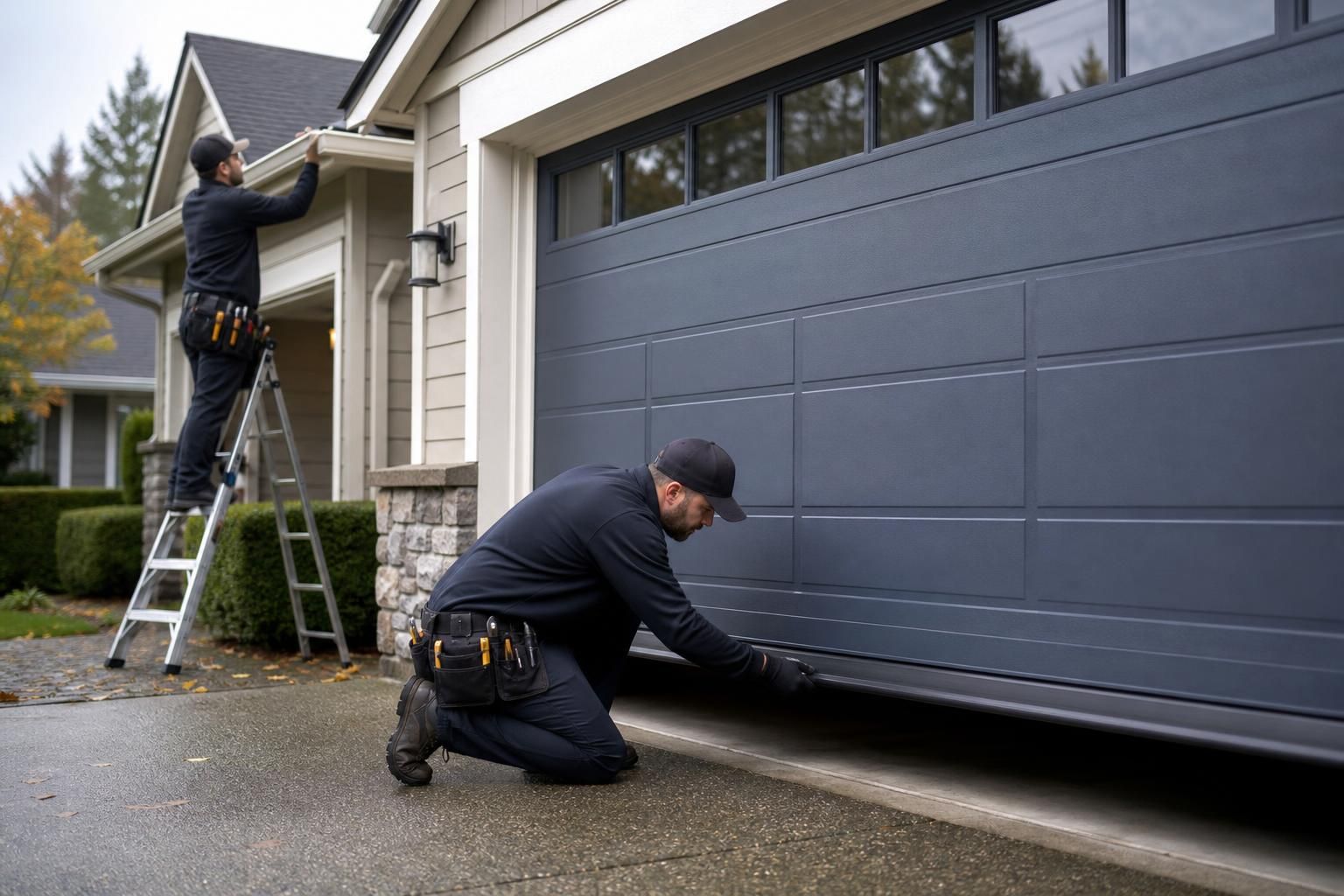 Technicians inspect a gray garage door, ladder, and gutter