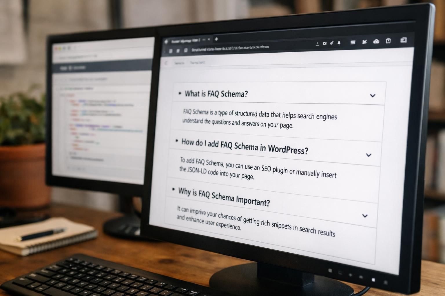 Computer monitor showing FAQ schema questions and answers