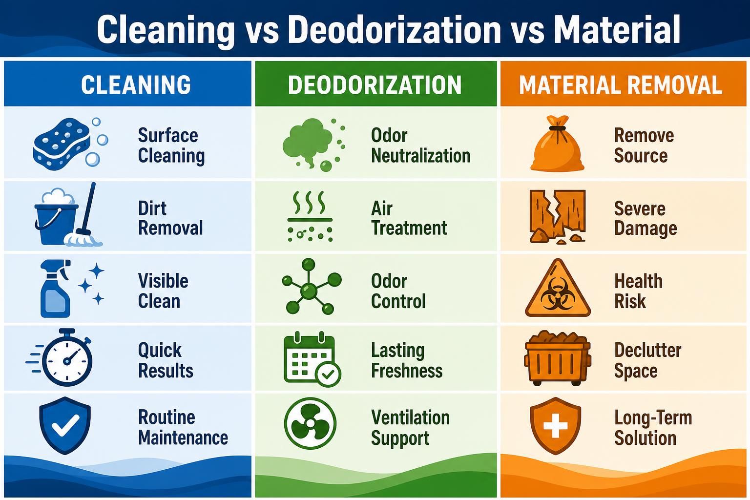 Infographic compares cleaning, deodorization, and material removal steps
