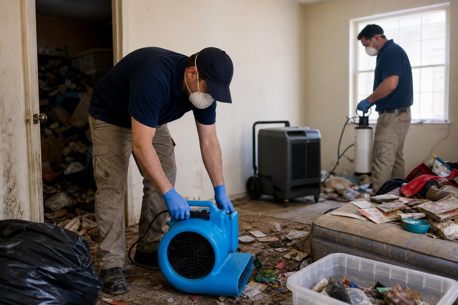 Cleanup workers use air movers in a cluttered room