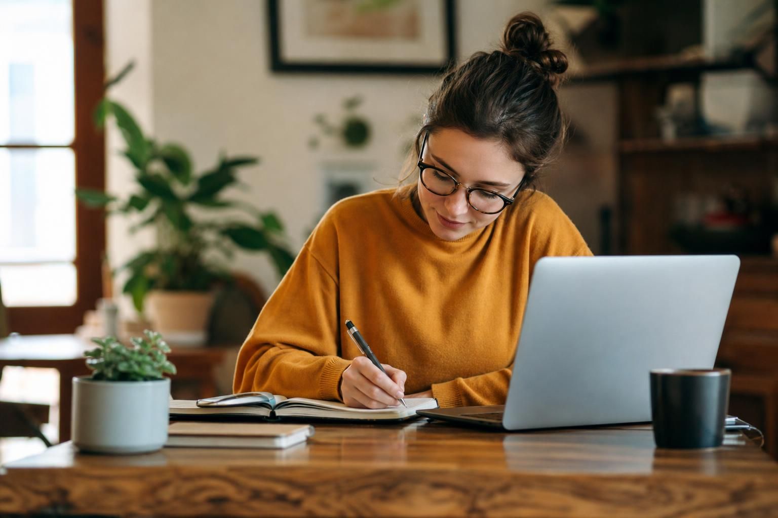 Woman writes in notebook beside laptop, coffee mug, and plant