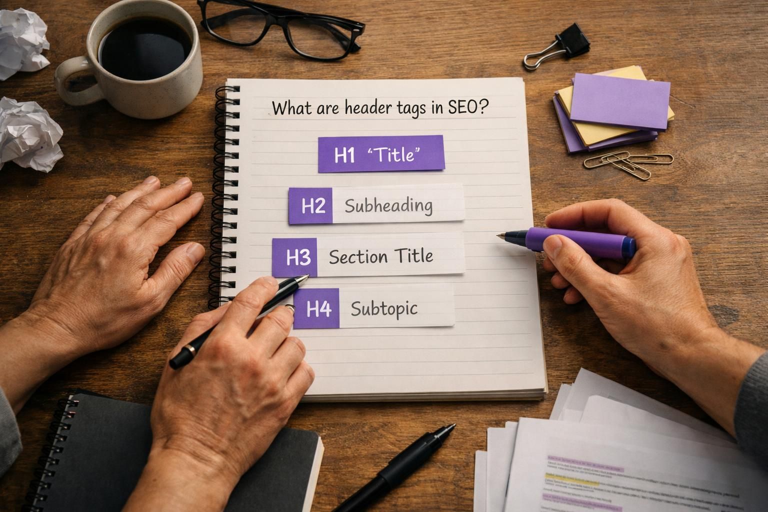 Hands holding pens over notebook explaining SEO header tags