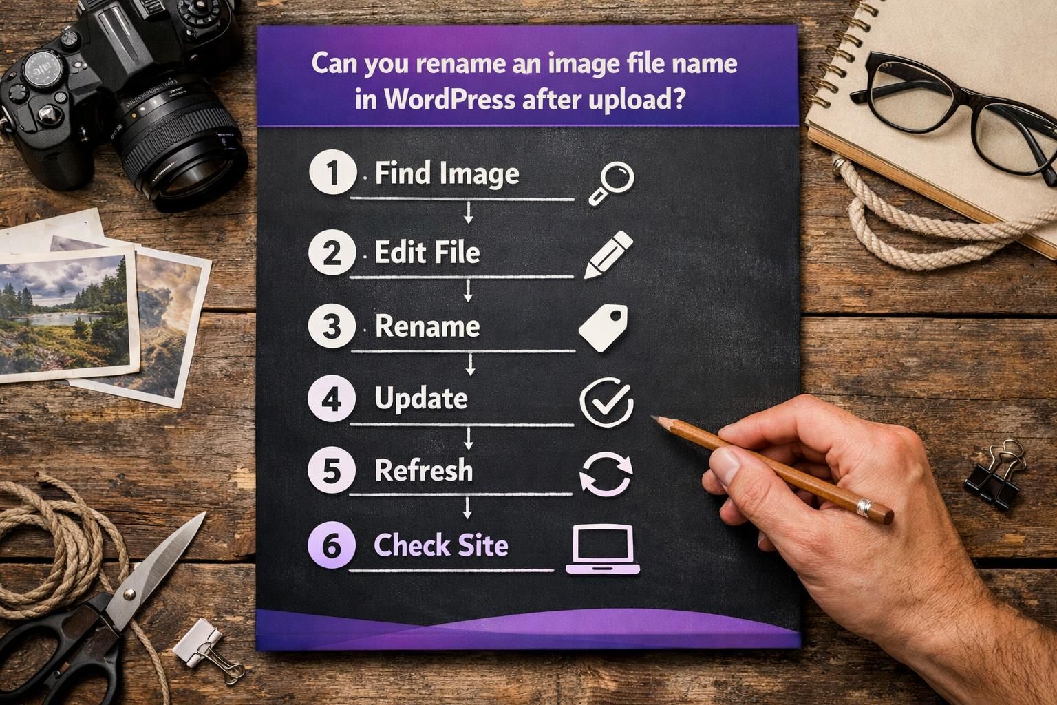 Hand holding pencil beside WordPress image rename checklist