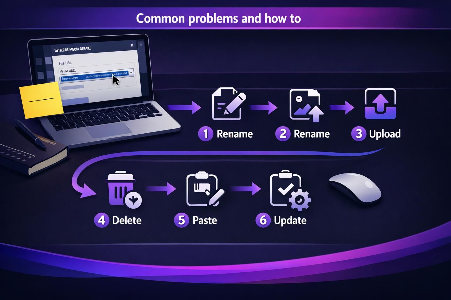 Laptop screen with rename upload delete paste update icons