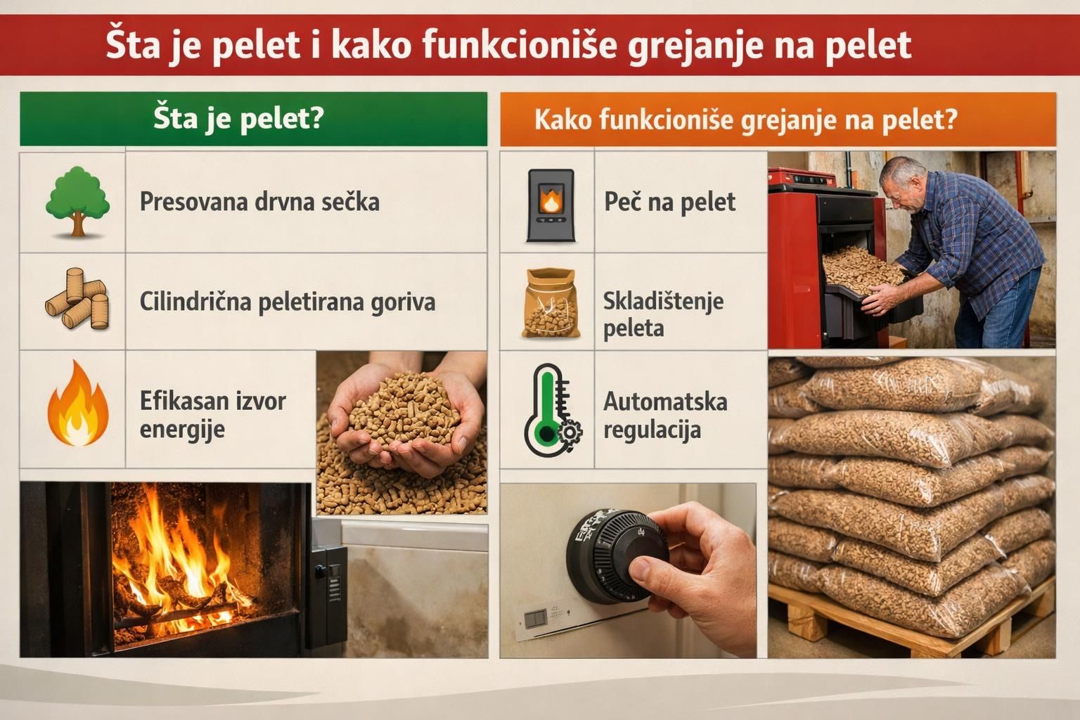Infographic showing pellet heating, stove, pellets, and storage bags